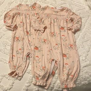 Angel Dear Pink Floral and Mushroom Baby Romper, 3-6 month TWIN GIRL